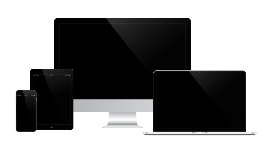 Smartphone, Tablet, Laptop und Monitor nebeneinander