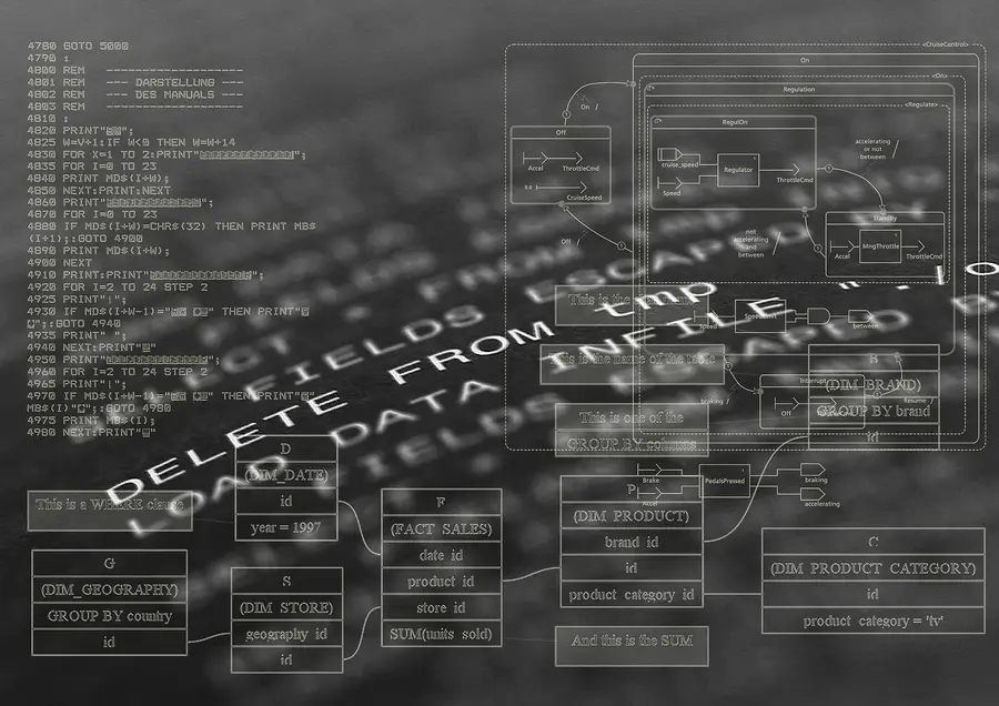 Programmcode und Datenbankdiagramm